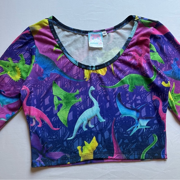 JAPAN LA purple dinosaur graphic print cropped scoop neck long sleeve T-shirt - Picture 3 of 5